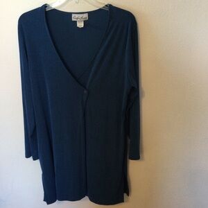 Carolyn Strauss Open Front Blue V-Neck Cardigan Sweater Top Size Large